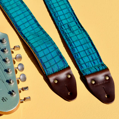 Teal Dupioni silk guitar strap designed by The Minks and made by Original Fuzz in Nashville.