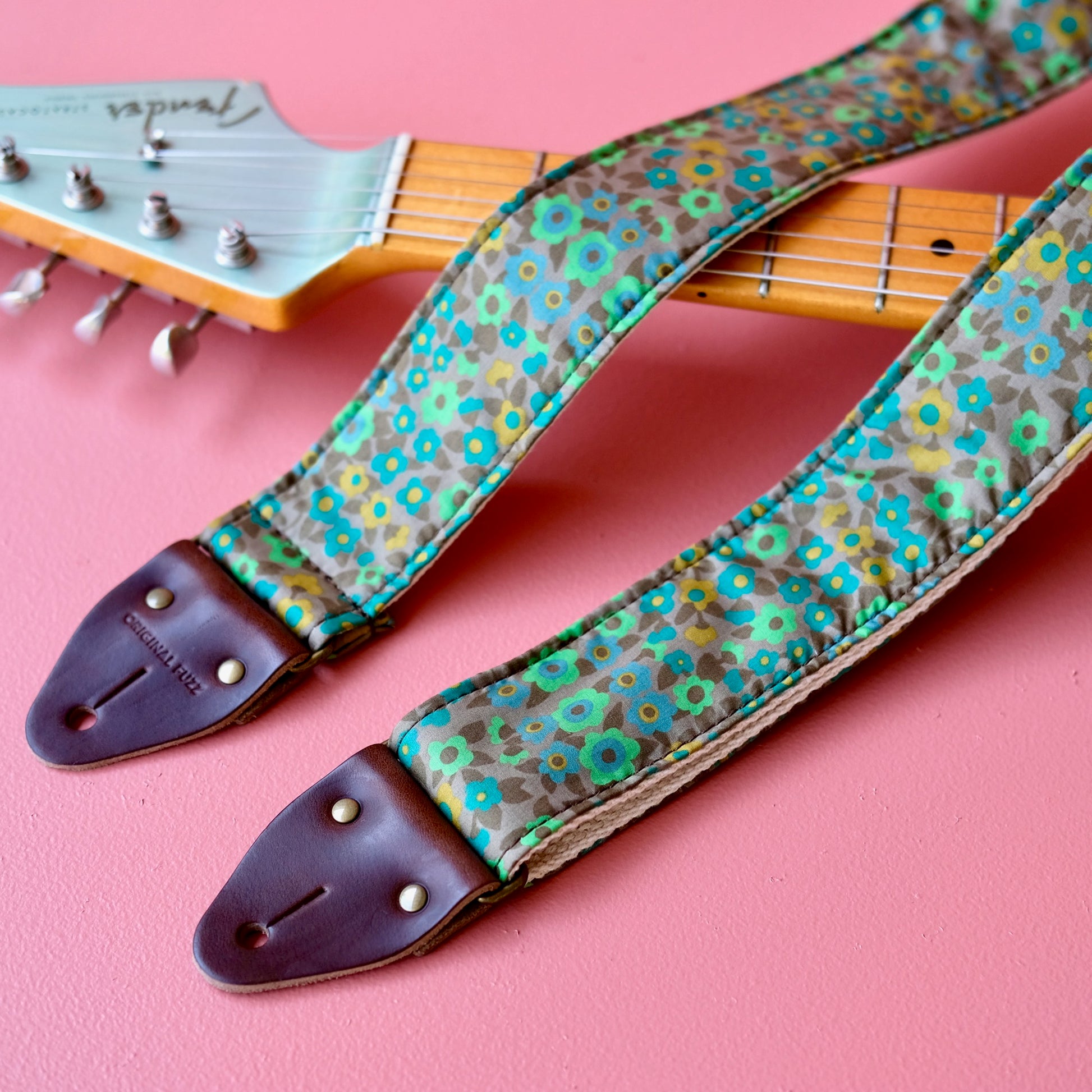 Green floral Italian silk guitar strap handmade in Nashville by Original Fuzz.