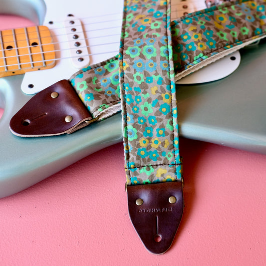 Green floral Italian silk guitar strap handmade in Nashville by Original Fuzz.