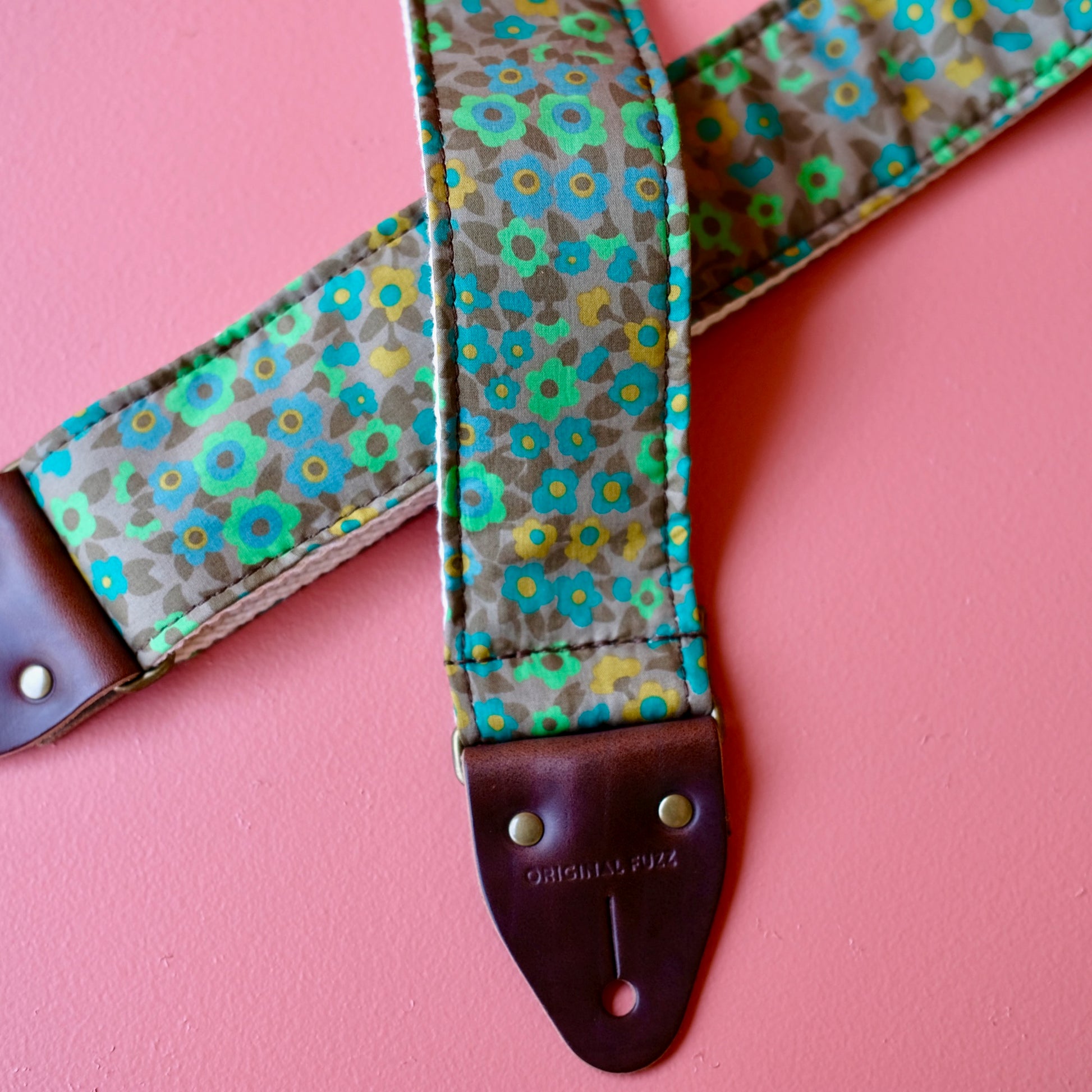 Green floral Italian silk guitar strap handmade in Nashville by Original Fuzz.