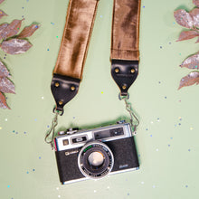 Brown velvet vintage-style camera strap by Original Fuzz for Black Friday.