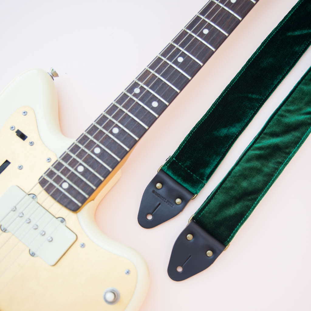 elegant emerald green velvet guitar strap by original fuzz