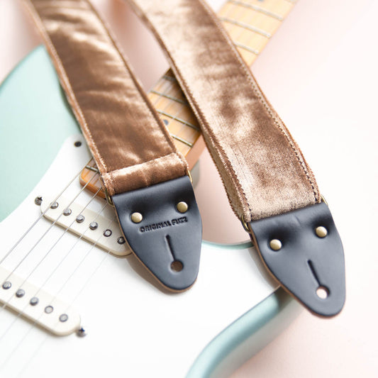 rose gold blush pink velvet guitar strap by original fuzz