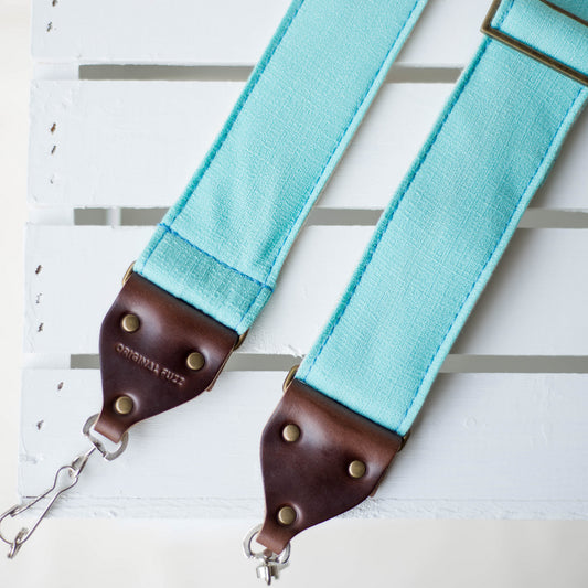 Vintage surf green polyester camera strap made by Original Fuzz in Nashville, TN. 