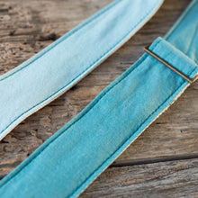 Vintage guitar strap made with teal ombre cotton by Original Fuzz in Nashville, TN. 