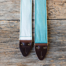 Vintage guitar strap made with teal ombre cotton by Original Fuzz in Nashville, TN. 