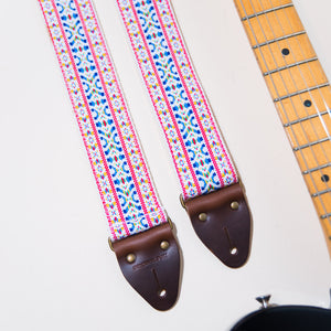 Detail of the hootenanny jacqaurd used in the vintage guitar strap in hatch blvd