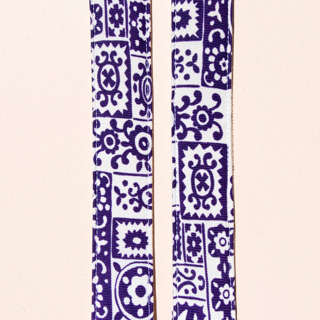 purple and white reclaimed vintage guitar strap by Original Fuzz