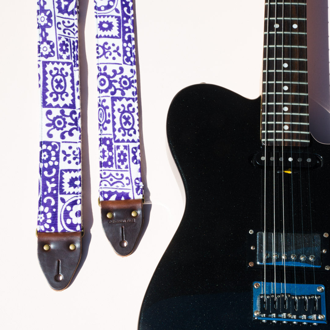 purple and white reclaimed vintage guitar strap by Original Fuzz