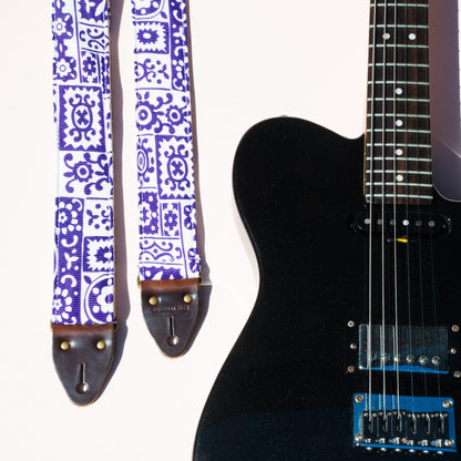 purple and white reclaimed vintage guitar strap by Original Fuzz