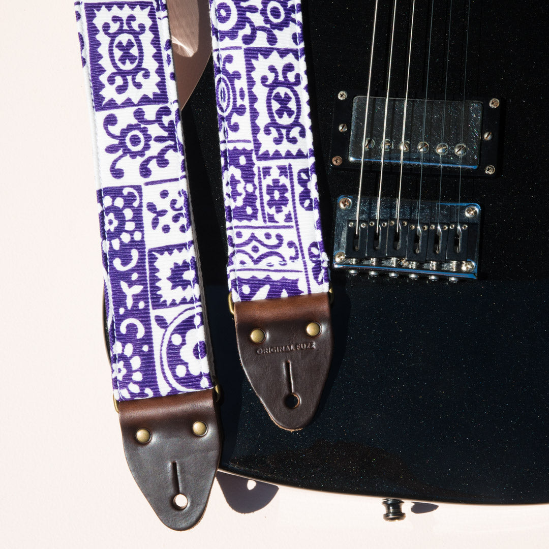 purple and white reclaimed vintage guitar strap by Original Fuzz