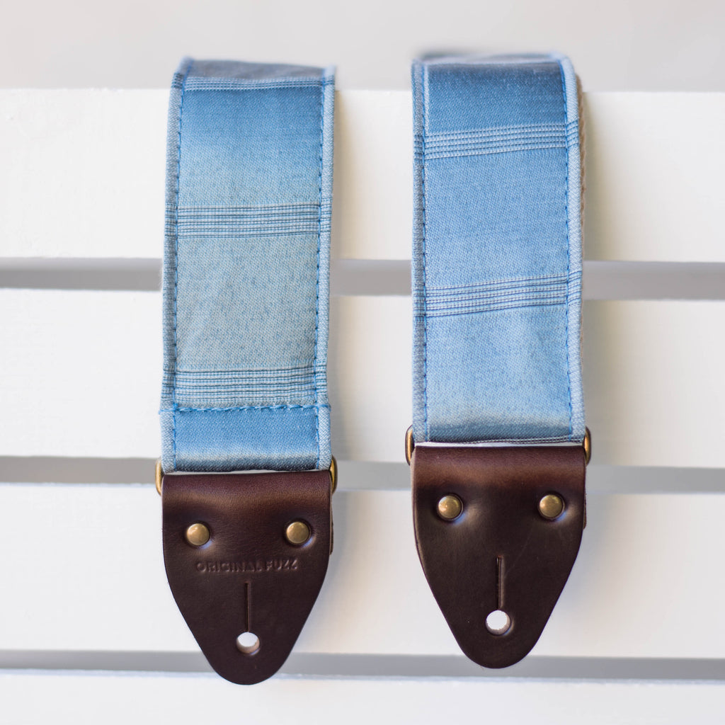 Vintage blue silk guitar strap made by Original Fuzz in Nashville, TN. 