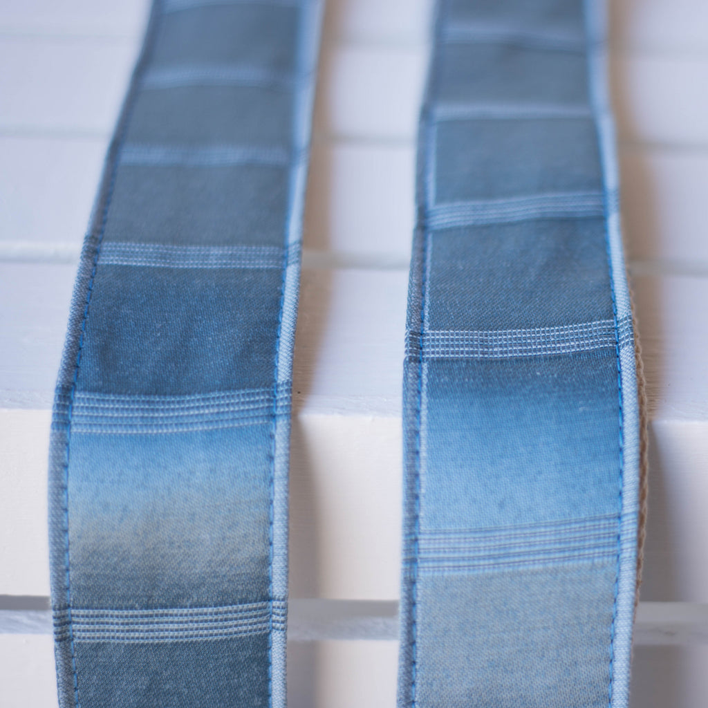 Vintage blue silk guitar strap made by Original Fuzz in Nashville, TN. 