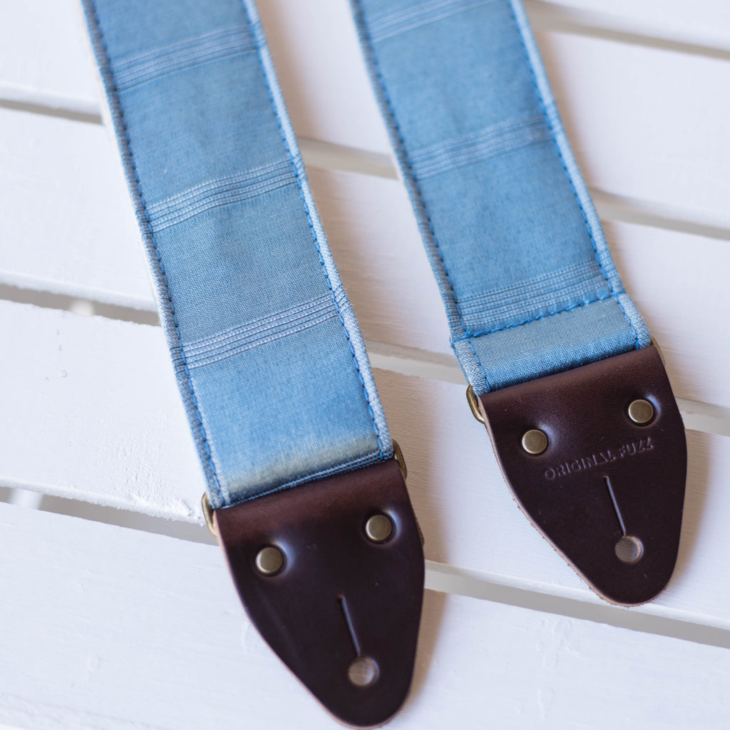 Vintage blue silk guitar strap made by Original Fuzz in Nashville, TN. 