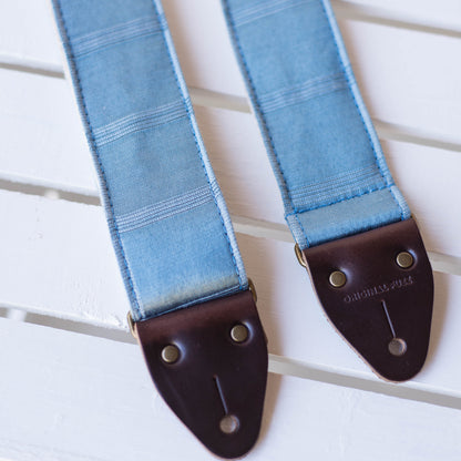 Vintage blue silk guitar strap made by Original Fuzz in Nashville, TN. 