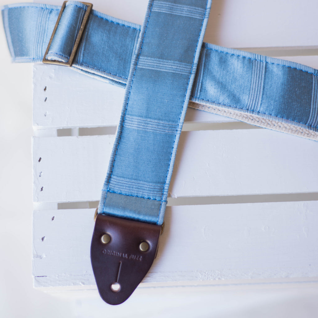 Vintage blue silk guitar strap made by Original Fuzz in Nashville, TN. 