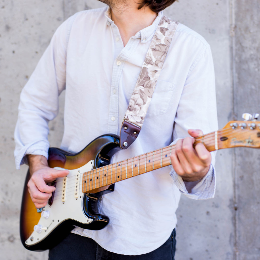 Vintage antiqued rose guitar strap made by Original Fuzz in Nashville, TN. 