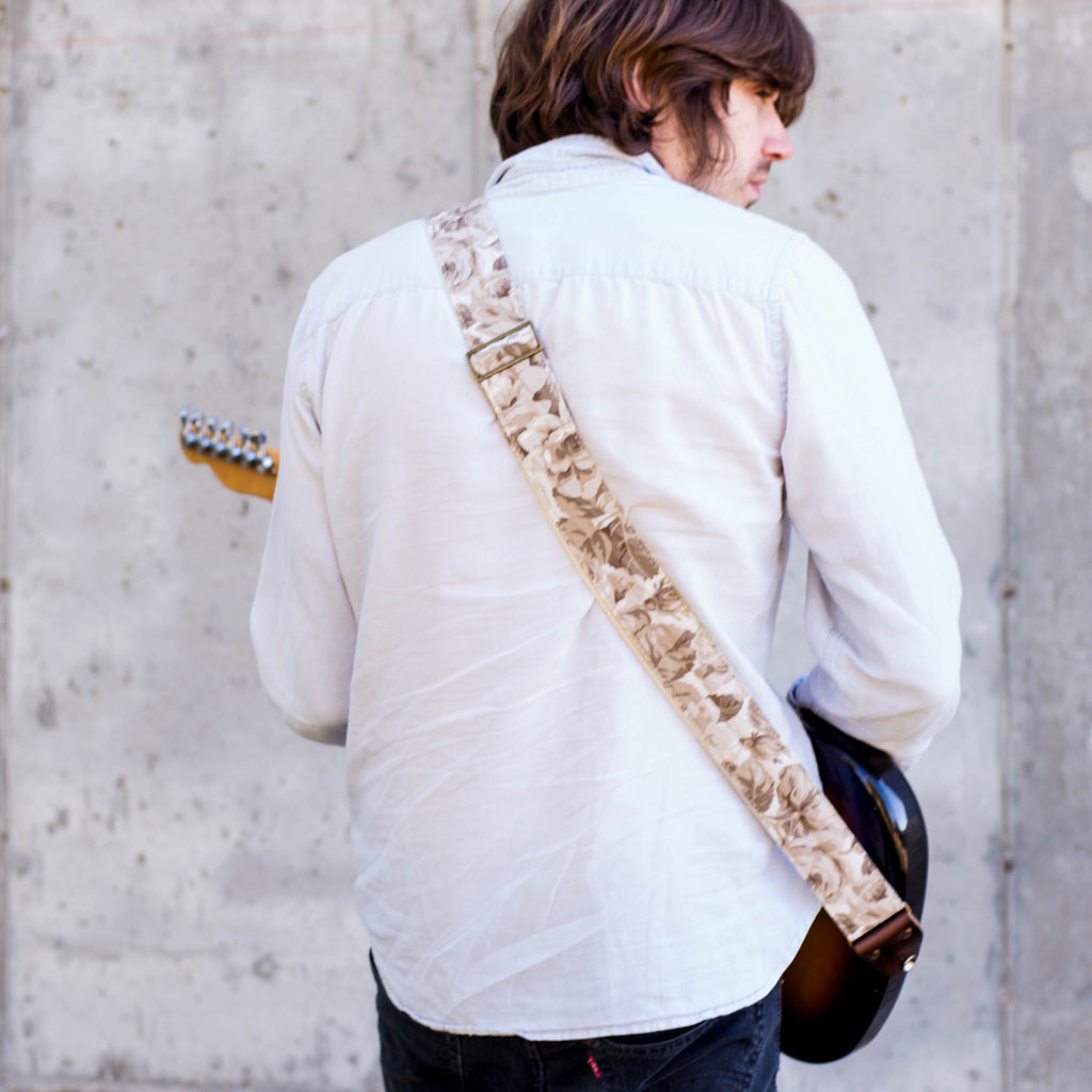 Vintage antiqued rose guitar strap made by Original Fuzz in Nashville, TN. 