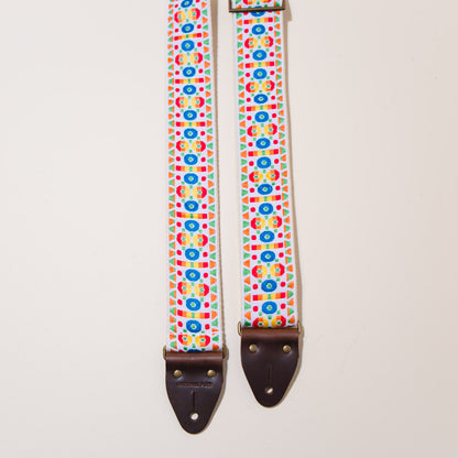 Close up of The Vintage Guitar Strap in Tabernacle Road featuring the brown horween leather
