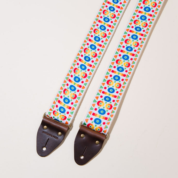 Detail view of the vintage guitar strap in Tabernacle Road